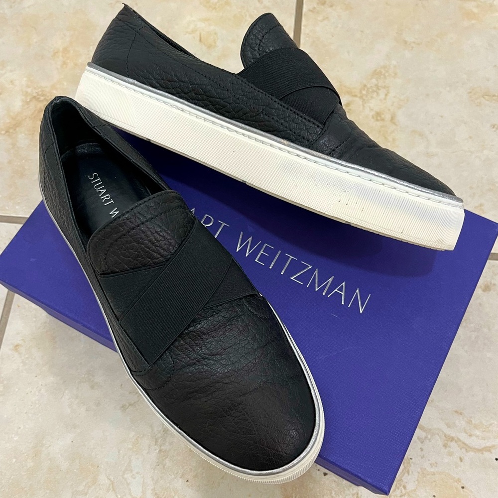 Stuart Weitzman Sneaker Shoes Slip-on Elastic Black Leather Silver Trim Size 8